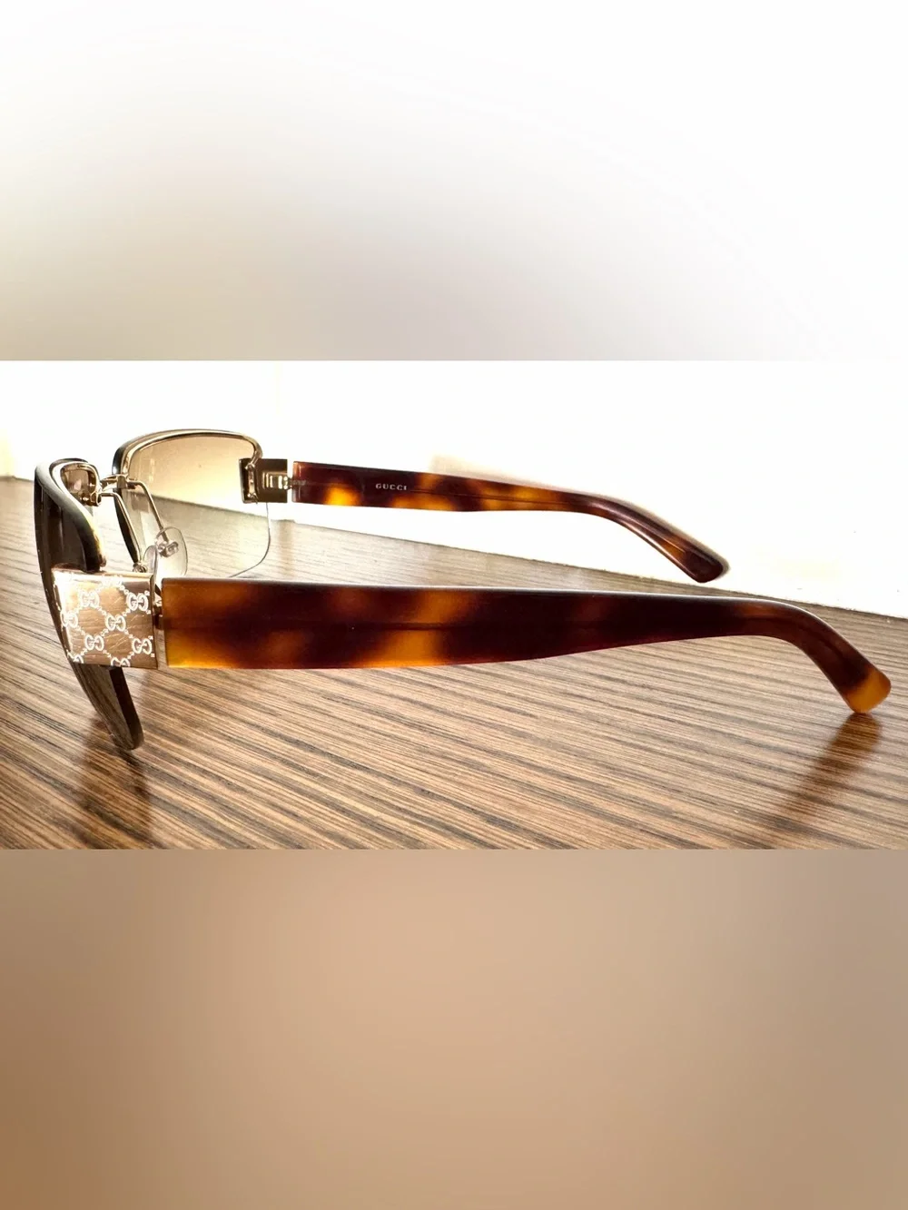 GUCCI GG 1798/S Rimless Sunglasses Tortoise Gold Brown Y2K + Cloth & Case
